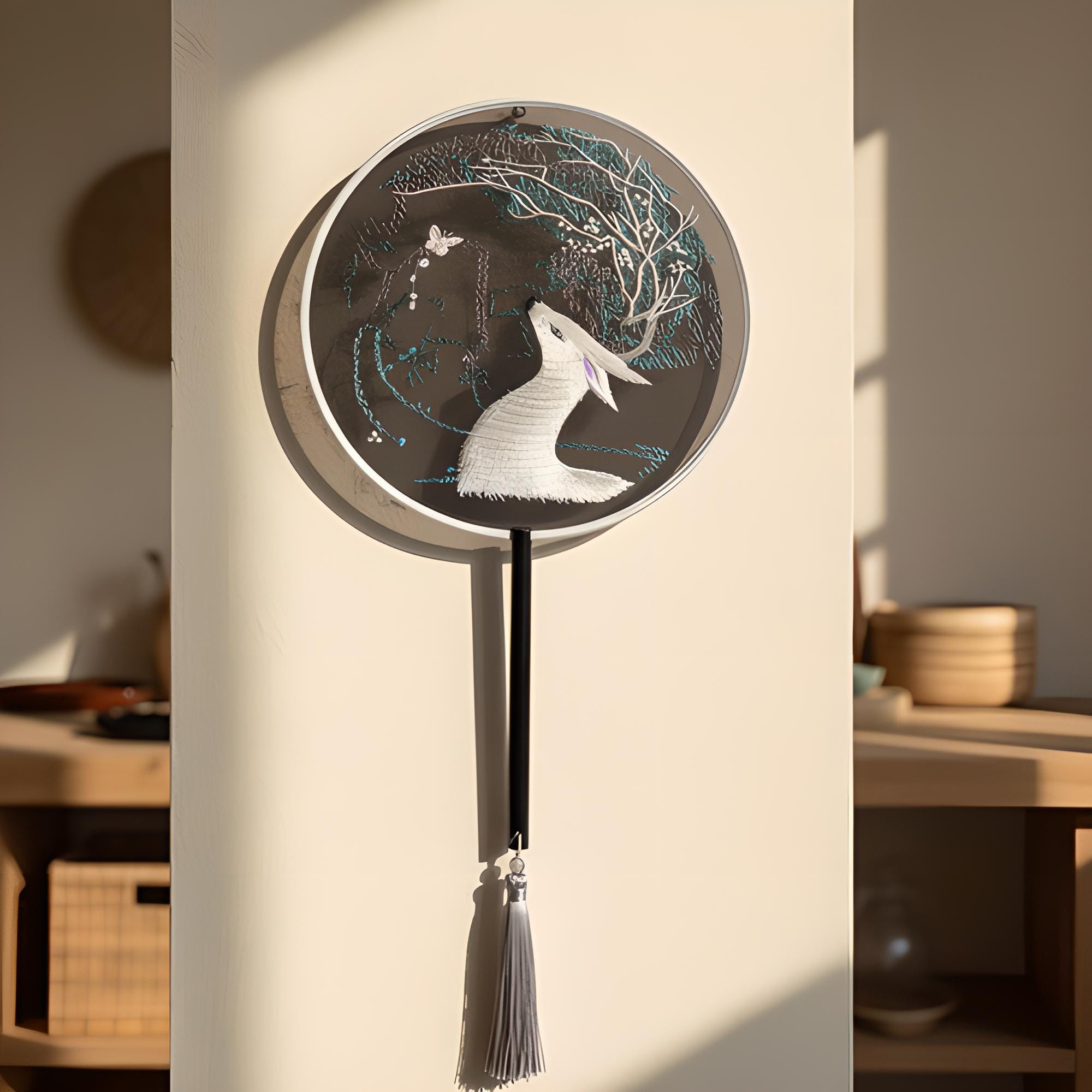 Black Crane Silk Round Hand Fan