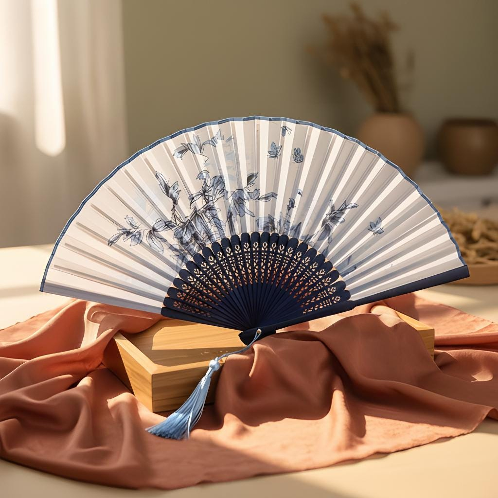 Blue Ink Bamboo Silk Folding Fan