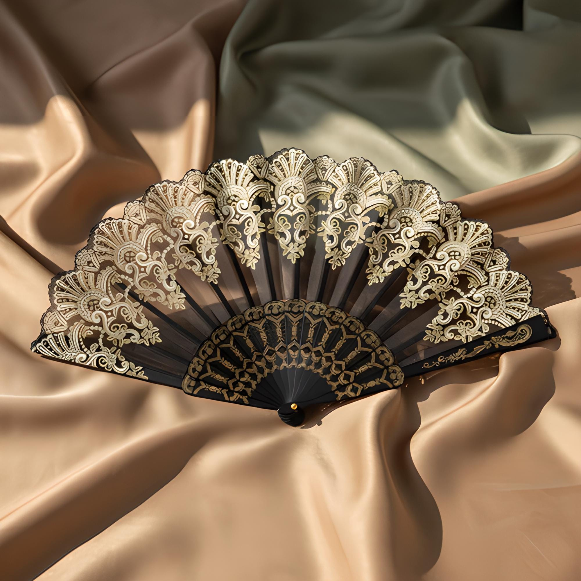 Black Gold Lace Folding Fan
