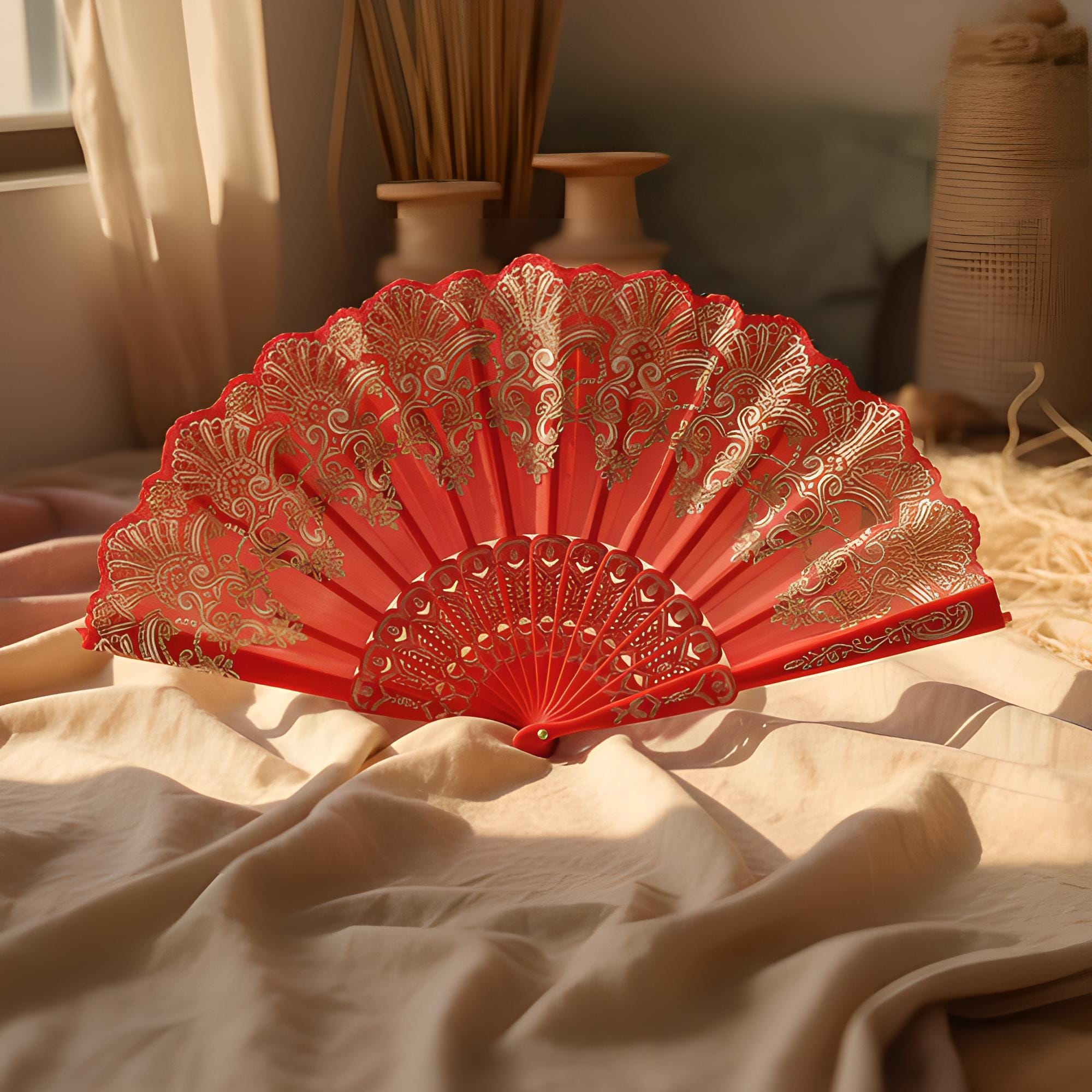 Red Gold Lace Folding Fan