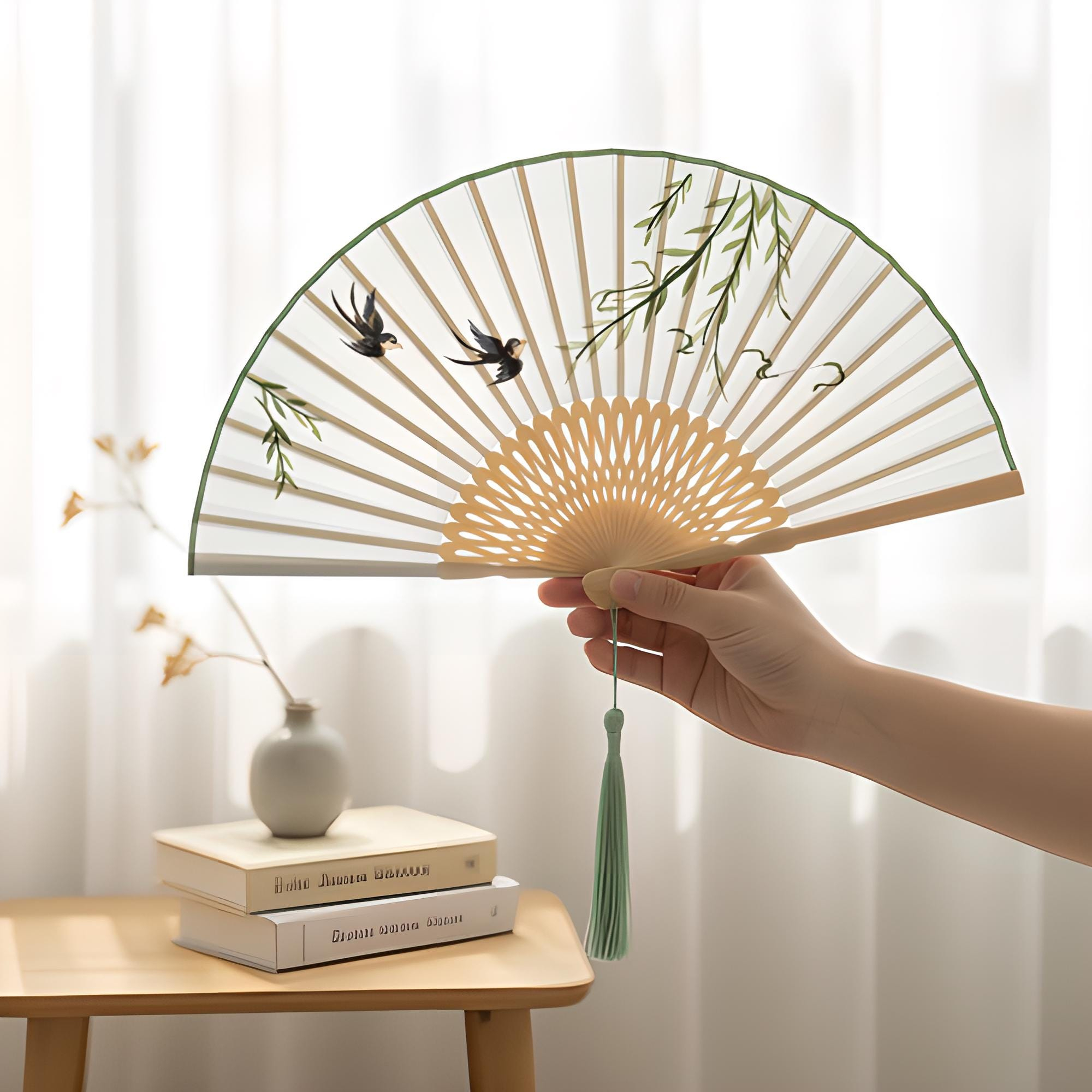 Bamboo Swallow Silk Folding Fan