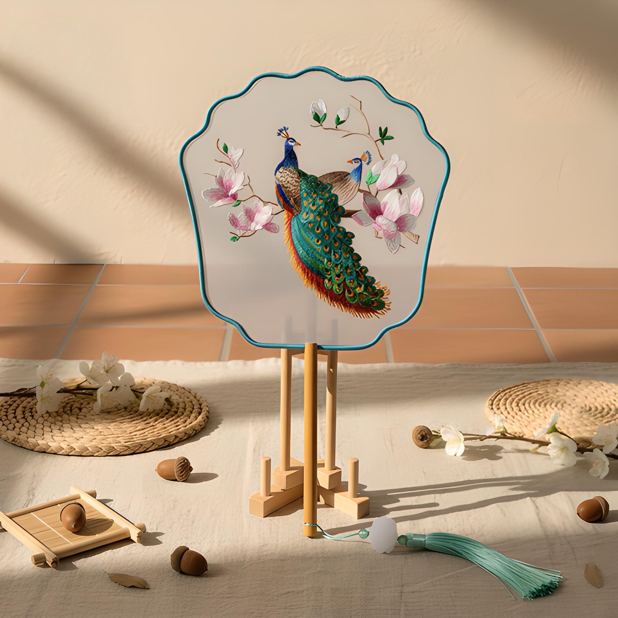 Peacock Magnolia Silk Round Hand Fan