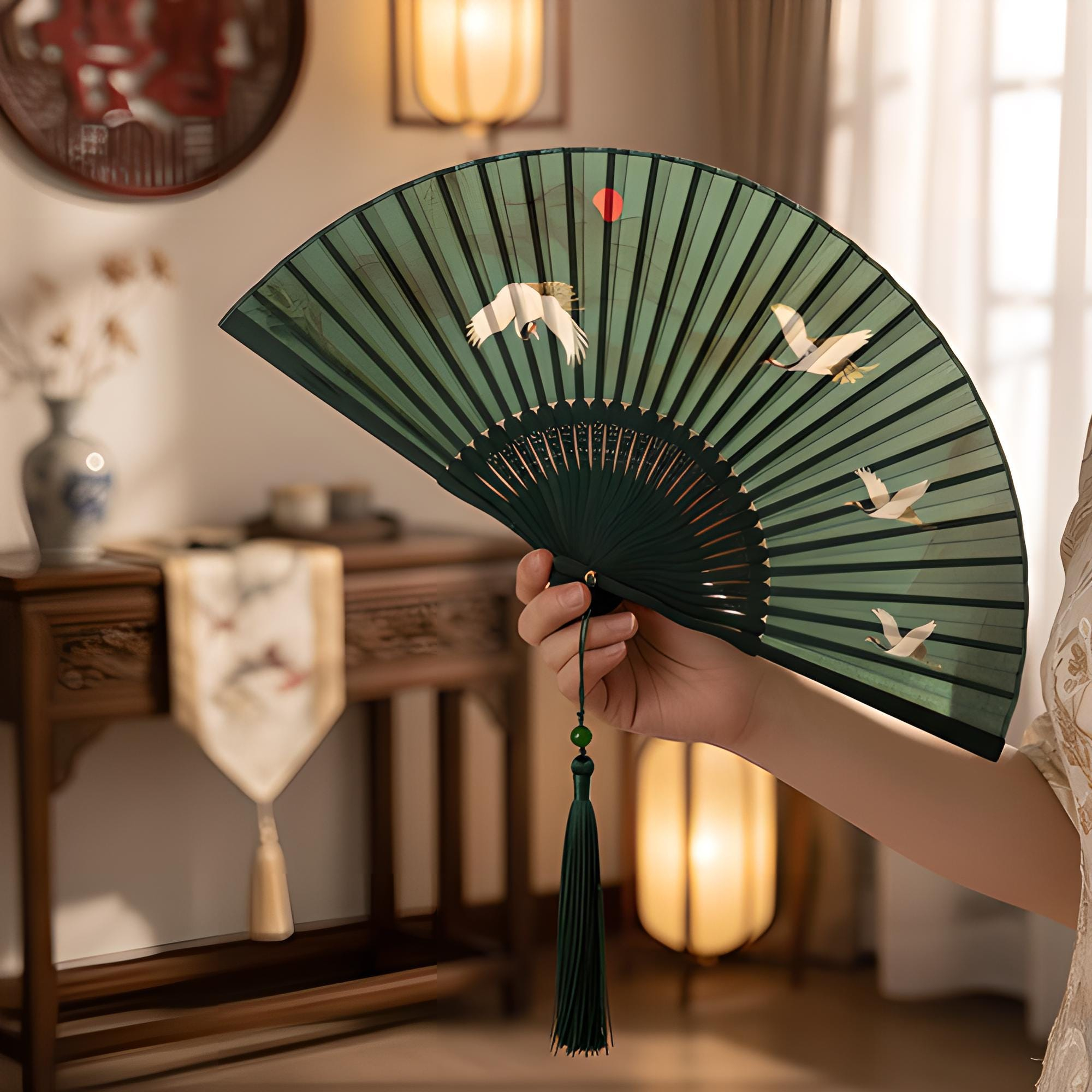Dark Green Crane Silk Folding Fan