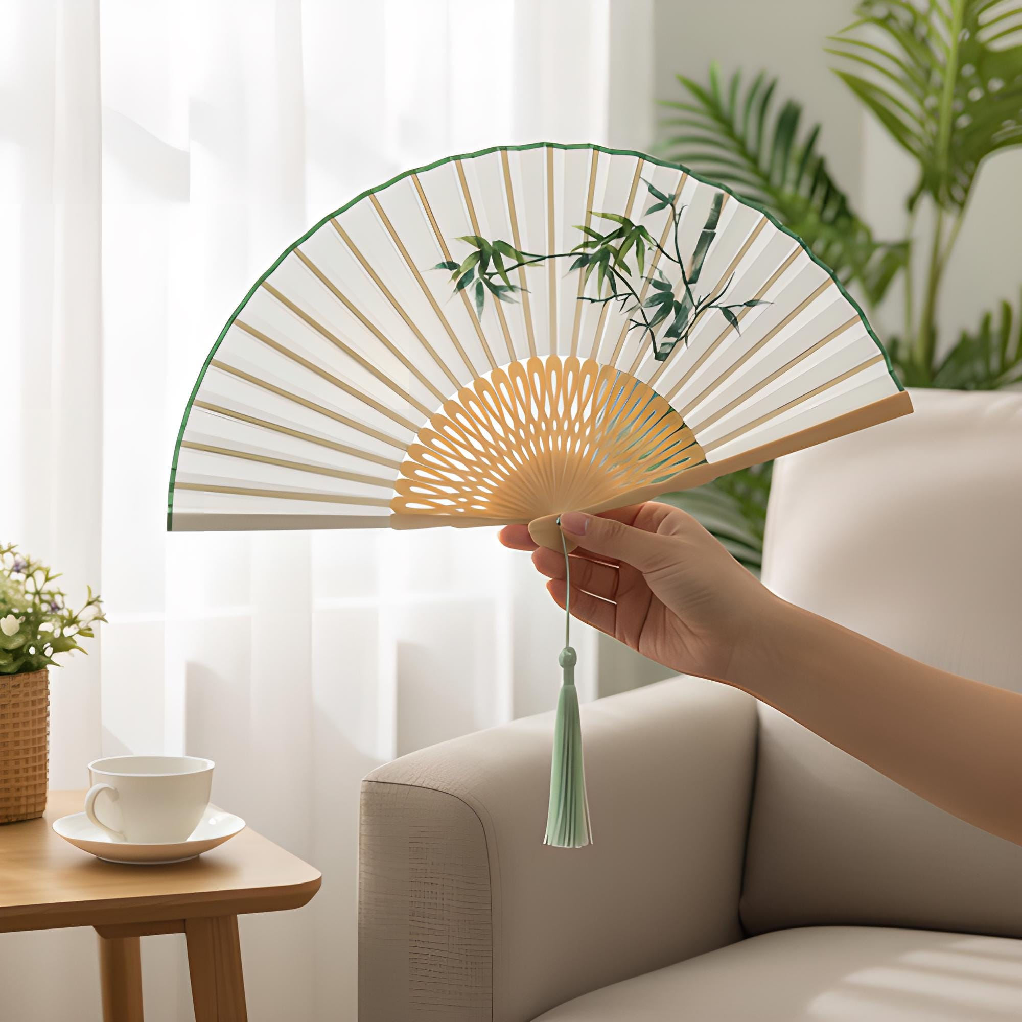 Bamboo Leaf Silk Folding Fan