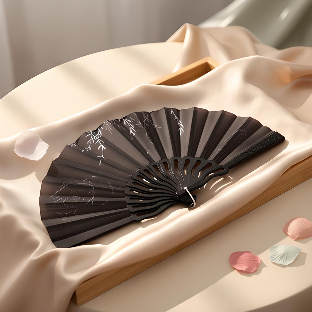Black Bamboo Ink Silk Folding Fan