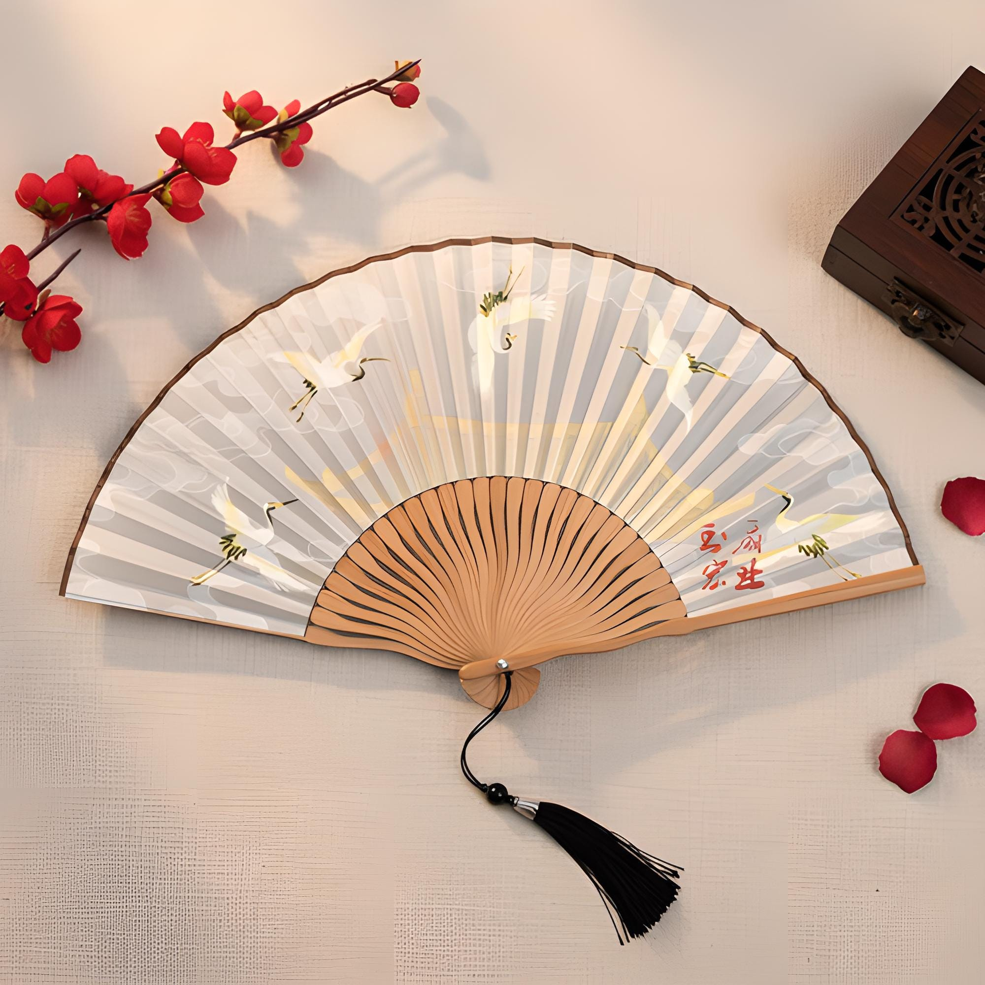 Ivory Flying Bird Silk Folding Fan